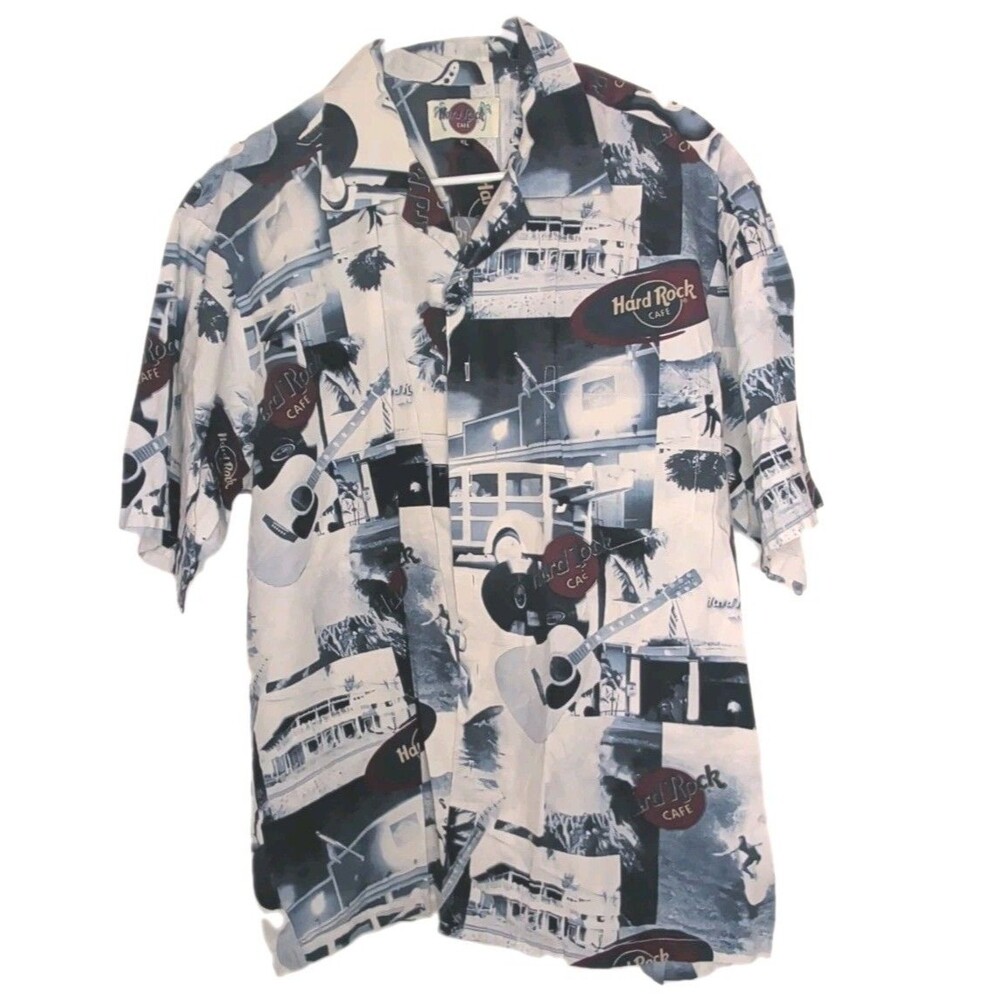 Hard Rock Cafe Hawaiian Shirt Blue XL Button-Up Guitar Surf All Over Print